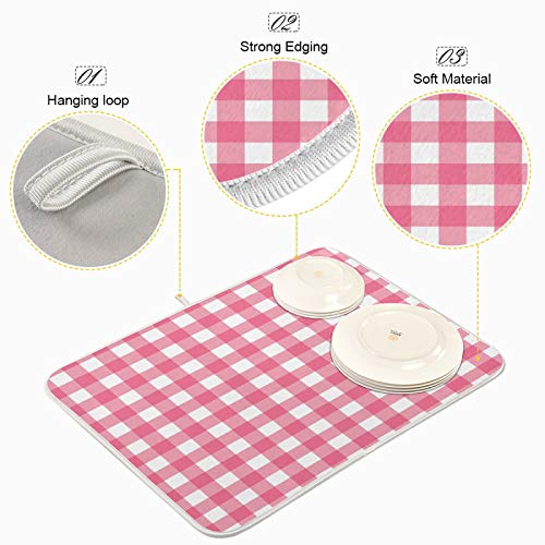 Microfiber Dish Drying Mat, Buffalo Check Plaid Absorbent Dish Drying Rack Pads Kitchen Counter Mat 18Inch X 24Inch Pink White Tartan Pattern Checkered Heat Resistant Sink Mat Dish Draining Mat - color: Plaid, size: 18x24in