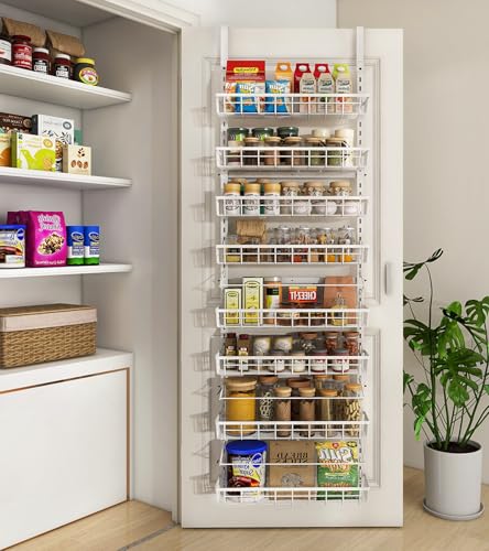 Mefirt Over The Door Pantry Organizer, Wall Mount Spice Rack, Pantry Hanging Storage and Organization, 8 Adjustable Baskets Heavy-Duty Metal for Home & Kitchen, Back of Door Seasoning Rack - White - color: White, size: 8-Tier
