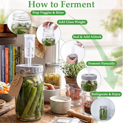 Mifoci 4 Pack Mason Jar Fermentation Kit 32 oz Wide Mouth Glass Fermenting Jars with Rust-free Airtight Lids, Glass Weights & Dual-channel Airlocks All-in-one Set for Kimchi Sauerkraut Pickles