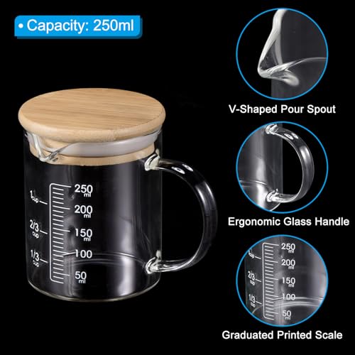 PATIKIL 250ml Glass Measuring Cup, 2 Pack 3.3 Borosilicate Glass Graduated White Printed Scale Liquid Measure Cups Beaker with Wood Lid and V-Shaped Spout for Kitchen - size: 250ml