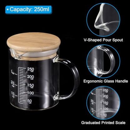 PATIKIL 250ml Glass Measuring Cup, 2 Pack 3.3 Borosilicate Glass Graduated White Printed Scale Liquid Measure Cups Beaker with Wood Lid and V-Shaped Spout for Kitchen - size: 250ml