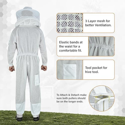 3-Layer Ultra Ventilated Mesh Beekeeping Suit for Men & Women with Veil Sting-Proof Bee Suit with Leather Gloves & Bag - color: White, size: Large