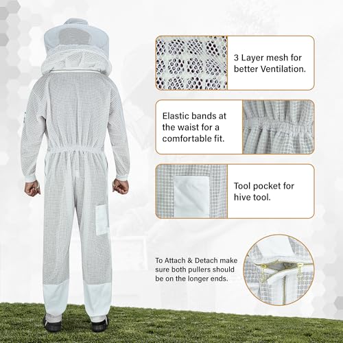 3-Layer Ultra Ventilated Mesh Beekeeping Suit for Men & Women with Veil Sting-Proof Bee Suit with Leather Gloves & Bag - color: White, size: Medium