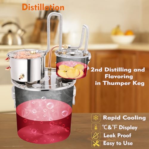 DEWOSEN Alcohol Still 8 Gallon 3 Pots Shine Still Distillery Kit for Alcohol Stainless Copper Tube Complete with Thumper Keg Water Pump Metal Thermometer Airlock Brew Bag Proof Alcoholmeter Test Kit - size: 8GAL/3Pots/Brew Bag & Alcoholmeter Test Kit