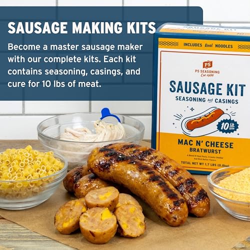 PS Seasoning Cheddar Mac N’ Cheese Bratwurst Kit - Sausage making Seasoning And Natural Hog Casings For 10 Lbs Of Meat Easy Homemade Brats For Pork, Beef, Venison, Wild Game