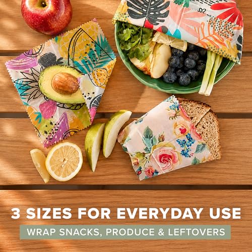 Beeswax Food Wraps (3-Pack S/M/L) – Reusable & Washable Food Storage Wraps, Plastic-Free Alternative for Sandwiches, Produce & Bowls