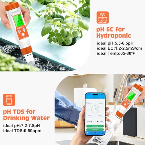 pH Meter for Water, Smart pH TDS EC Meter for Water Hydroponic, 4 in 1 pH Conductivity PPM Temp Meter for Drinking Water, Brewing, Aquarium, Pool, Spa