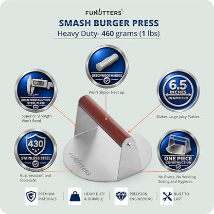 FUNUTTERS 6.5'' Smash Burger Press Patty Maker, Hamburger Smasher Tool, Heavy-Duty Stainless Steel, BBQ Grill and Flattop Griddle Accessory - Commercial Grade - size: 6.5'' with Beechwood Handle