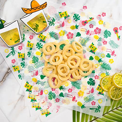 100 Pcs Hawaii Luau Wax Paper for Food, Waterproof Oil-proof Picnic Basket Liners with Leaf Pattern, 8.6 x 9.8 inches - color: Luau