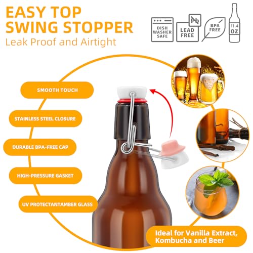 4Pcs Amber Beer Bottles with Flip Caps, 12oz Glass Bottle with Swinging Top for Airtight Lids, Home Brewing and Fermentation Kombucha, Vanilla Extract, Beverage, Water, Kefir