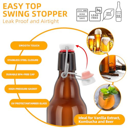 4Pcs Amber Beer Bottles with Flip Caps, 12oz Glass Bottle with Swinging Top for Airtight Lids, Home Brewing and Fermentation Kombucha, Vanilla Extract, Beverage, Water, Kefir