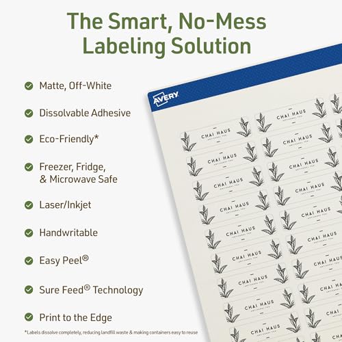 Avery Dissolvable Rectangle Labels, Sure Feed Technology, 0.5" x 1.75", Matte White, Print-to-The-Edge, Laser/Inkjet Printable, 1500 Labels Total - style: 1,500 labels