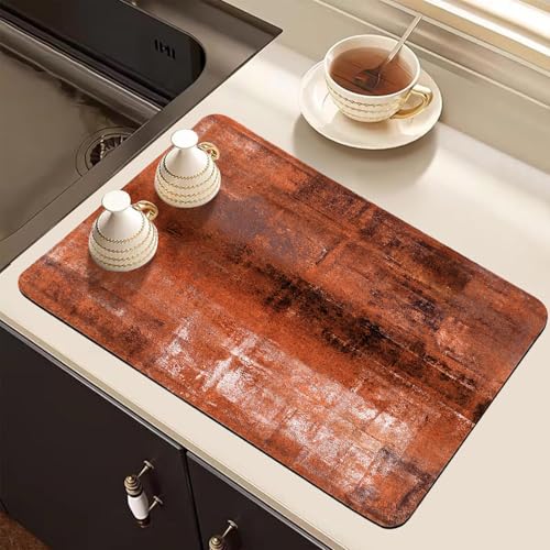 Dish Drying Mat for Kitchen Counter, Burnt Orange and Grey Abstract Art, Absorbent Quick Dry Pad with Rubber Backing, Dish Rack Pad for Dishes, Utensils, Countertops, Sinks 12" x 20 - color: Burnt Orange and Grey