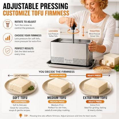 Tofu Press Stainless Steel Tofu Press & Paneer Maker - Cheese Press for Homemade Tofu, Paneer, Vegan Cheese - Heavy Duty Easy-to-Use Kitchen Tool with Adjustable Pressure BPA Free (Dishwasher Safe) - size: 6.3 x 4.72 in