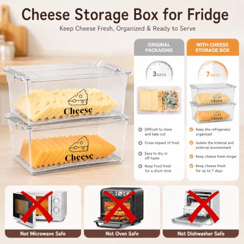 Cheese Container Airtight with Draining Basket Cream Cheese Sliced Cheeses Box with Lid Saver for Fridge Cheeses Keeper Cream Block Shredded Storage Box Saver (Clear) - color: Clear