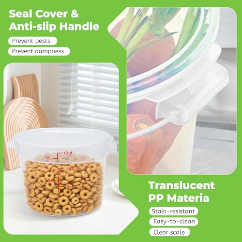 BIEAMA 4 Pack 12 Qt Round Food Storage Containers with Lids, Translucent PP | Include lids, labels, measuring cups and containers with capacity markings for food prep, pantry storage and dough proofing. - color: 12Qt Round-4 Pack