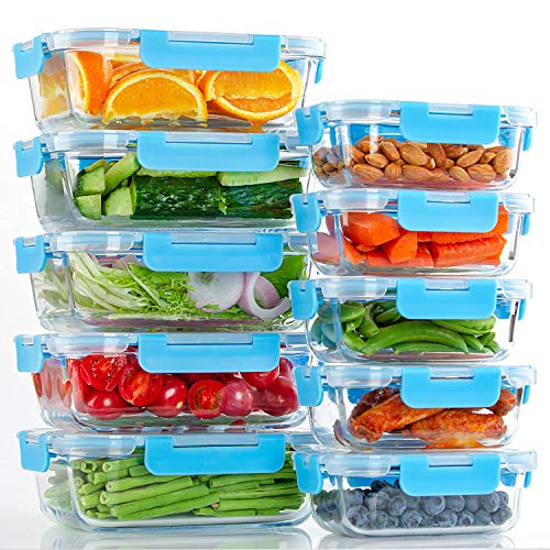 C CREST Glass Meal Prep Containers, [10 Pack] Glass Food Storage Containers with Lids, Airtight Bento Boxes, BPA Free & Leak Proof (10 Lids & 10 Containers) - color: Blue