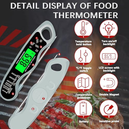 Meat Thermometer Digital，IP67 Waterproof Cooking Thermometer with Backlight, Calibration & Hold Function，Food Thermometer for Cooking,Outdoor Grilling - color: Grey