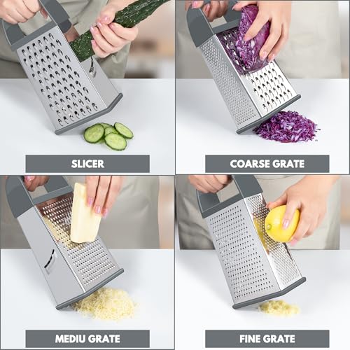 Urbanstrive Cheese Grater With Container, Professional Cheese Grater with Handle, Stainless Steel Graters for Kitchen Handheld, Box Grater with 4 Sides for Vegetables, Ginger, Potatoes (Grey) - color: Gray