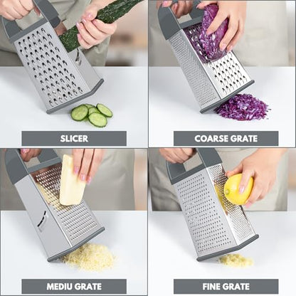 Urbanstrive Cheese Grater With Container, Professional Cheese Grater with Handle, Stainless Steel Graters for Kitchen Handheld, Box Grater with 4 Sides for Vegetables, Ginger, Potatoes (Grey) - color: Gray