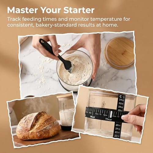 Sourdough Starter Jar Kit, 50 OZ Wide Mouth Sour Dough Starter Jar Glass | Jar for Sourdough Starter with Non-Slip Silicone Bottom,Date Marked Feeding Band,Thermometer Band,Cloth Cover & Bamboo Lid