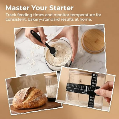 Sourdough Starter Jar Kit, 50 OZ Wide Mouth Sour Dough Starter Jar Glass | Jar for Sourdough Starter with Non-Slip Silicone Bottom,Date Marked Feeding Band,Thermometer Band,Cloth Cover & Bamboo Lid