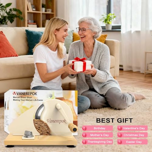 vanerepok Manual Bread Slicer Adjustable Thickness for Homemade Sourdough | Hand Crank Bread Cutter with Scale & Stable Suction Cups & Wood Base for Even Slicing Perfect Baking Gift for Home Bakers - color: White