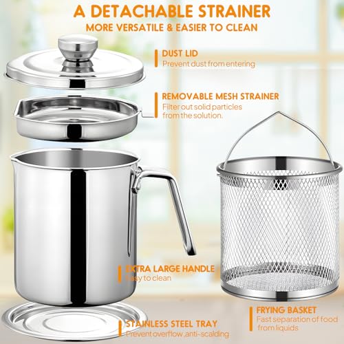 Chihee Grease Container Deep Fryer 2 in 1 Stainless Steel 2L / 67.6 fl oz | Bacon Grease Saver with Fine Mesh Strainer Fry Basket Oil Container Grease Can with Lid Tray for Kitchen Storing Frying - color: Silver(2L with Fryer Basket)