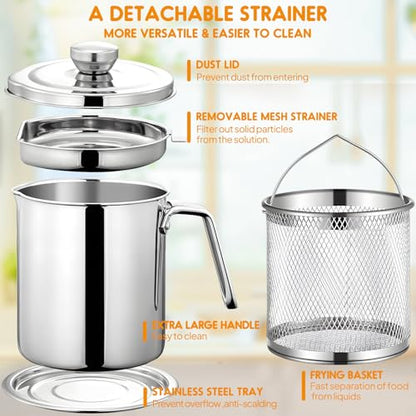 Chihee Grease Container Deep Fryer 2 in 1 Stainless Steel 2L / 67.6 fl oz | Bacon Grease Saver with Fine Mesh Strainer Fry Basket Oil Container Grease Can with Lid Tray for Kitchen Storing Frying - color: Silver(2L with Fryer Basket)