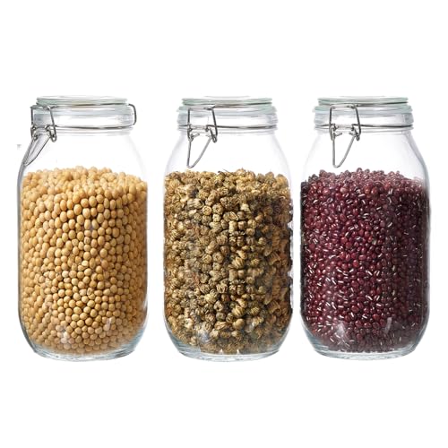 ODBCYWM 68oz Glass Food Storage Jars with Airtight Lids, Set of 3 – Clear Preserving Seal Wire Clip Fastening Canisters for Kitchen Canning, Flour, Cereal, Pasta, Sugar, Beans, Pickling Jars (68oz*3) - size: 68oz*3