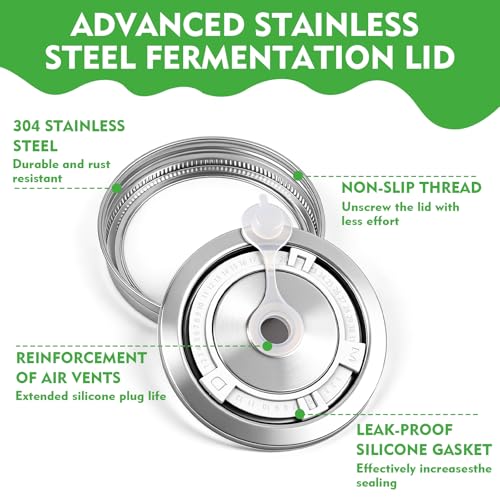 Fermentation Lids for Wide Mouth Mason Jars, 6 Set Fermentation Kit with Date Tracker, Stainless Steel Fermenting Lids with Airlocks, Silicone Rings & Grommets (Jars Not Included)