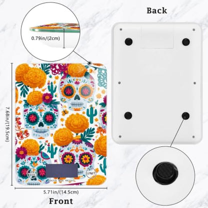 Food Scale Kitchen Digital Scale Food Ounces and Grams Dieting Baking Cooking Waterproof Glass Panels LCD Display,4 Units Scale Tare Function Skull Mexican Halloween White - color: Skull 24
