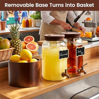 1 Gallon Glass Drink Dispenser for Parties, Beverage Dispenser with Wooden Stand, Silicone Lid and Stainless Steel Spigot, Ideal for Lemonade, Juice, Sun Tea, and Party Drinks