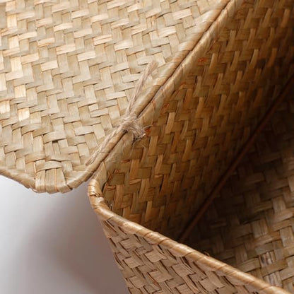 DOKOT Rectangular Seagrass Storage Basket with Lid, Natural, Set of 2 (M+S) | Handwoven, For Shelves, Home Organizer Bins - size: Set of 2 (S+M)