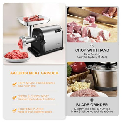 AAOBOSI Heavy Duty Stainless Steel Meat Grinder | 3000W Max | 3 Plates | 3 Sausage Stuffers | Stainless Steel Blade | Kubbe Maker | One-Button Control - color: Silver+Black