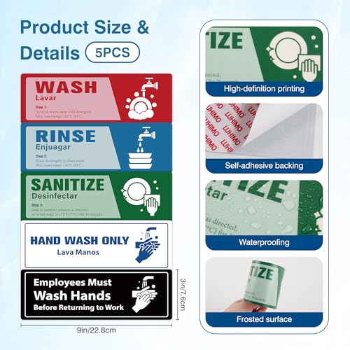 5PCS Wash Rinse Sanitize Sink Labels Stickers, Waterproof Employees Must Wash Hands Sign, Supplies for 3 Compartment Sink,Wash Station, Kitchens, Restaurant, Food Trucks,Office - color: Wash Rinse Sanitize Sink Lables 372