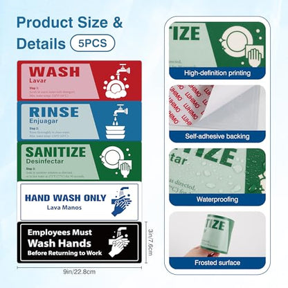 5PCS Wash Rinse Sanitize Sink Labels Stickers, Waterproof Employees Must Wash Hands Sign, Supplies for 3 Compartment Sink,Wash Station, Kitchens, Restaurant, Food Trucks,Office - color: Wash Rinse Sanitize Sink Lables 372