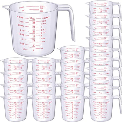 Fabbay 24 Pcs 4 Cup Capacity Plastic Measuring Cup 1000 ml Clear Graduated Measuring Cups Plastic Mug with Spout and Handles Ounce and Ml Marking for Recipe Ingredient Flour Water Liquid(Red,32 oz) - color: Red, size: 32 oz