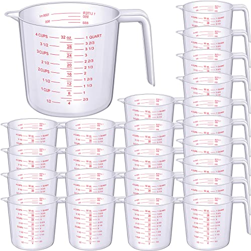 Fabbay 24 Pcs 4 Cup Capacity Plastic Measuring Cup 1000 ml Clear Graduated Measuring Cups Plastic Mug with Spout and Handles Ounce and Ml Marking for Recipe Ingredient Flour Water Liquid(Red,32 oz) - color: Red, size: 32 oz