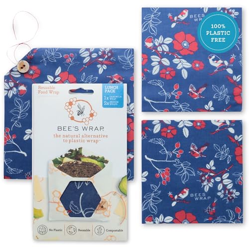 Bee's Wrap Beeswax Wraps for Food - 3 Pack of Assorted Beeswax Wraps - 2 Medium & Sandwich Wrap - Plastic Free Made in USA Reusable Natural Food Wrap - Botanical - style: Lunch Pack Botanical
