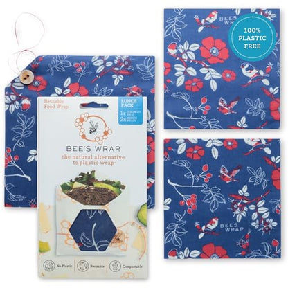 Bee's Wrap Beeswax Wraps for Food - 3 Pack of Assorted Beeswax Wraps - 2 Medium & Sandwich Wrap - Plastic Free Made in USA Reusable Natural Food Wrap - Botanical - style: Lunch Pack Botanical