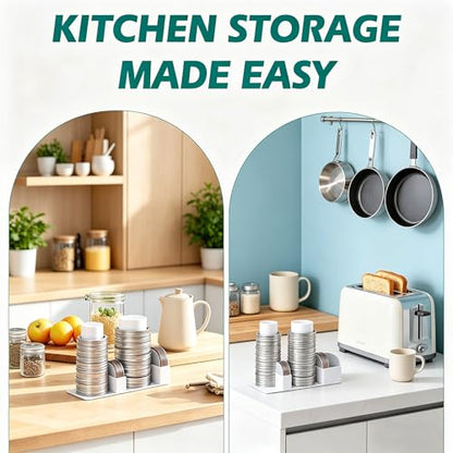 MOOYIYAN Mason Jar Lid Organizer (2-Pack) — Stackable Canning Lid Storage Rack for Regular & Wide Mouth Lids, Vertical Kitchen Organizer Holds 9 Lids + 9 Rings, Plastic — White