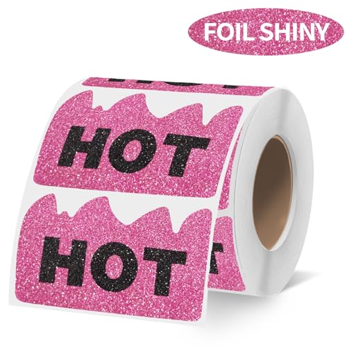 600 PCS Rave Hot Stickers 2 x 1-1/5 Inch Foil Shiny Pink Hot Flame Fire Shaped Stickers Marking Popular Items for Restaurant Supermarkets Stores Shops (Foil Shiny Pink) - color: Shiny Pink