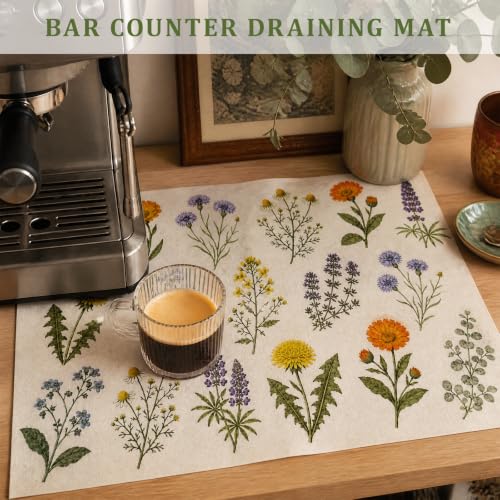 Non Slip Kitchen Countertop Drying Mat for Dishes,Floral Pattern | Size:15.7" x 19.6",Super absorbent coffee mat,Various tableware suitable for the kitchen