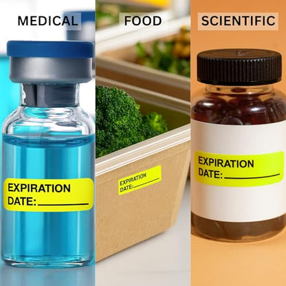 Expiration Date Stickers for Food, Medical & Lab Use - 800 Fluoro Yellow Write-on Small Labels (12mm x 40mm / 0.5" x 1.5") in Dispense Box. Strong Latex-Free Adhesive & Indirect Food/Medical Safe Ink - style: Expiration Date