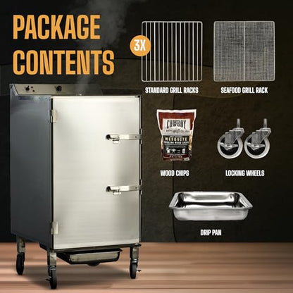 SmokinTex 'The Pitmaster' Series High-Capacity Electric Smoker – 700W Stainless Steel Meat Smoker, Temperature Control for Meat, Seafood, Vegetables, BBQ – Portable with Locking Wheels - size: 107 lbs