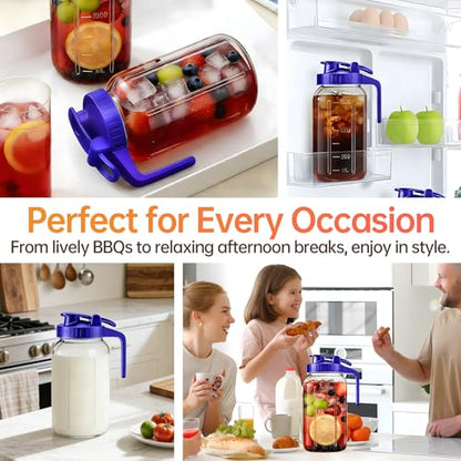32oz Glass Pitcher with Lid & Spout – 1 Quart Mason Jars, Airtight & Leakproof Breastmilk Pitcher for Cold Brew Coffee, Sun Tea, Water, Juice – Wide Mouth, Fridge Safe - color: Blue, size: 32 Ounces