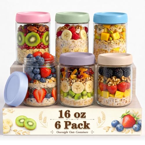 16 oz Mason Jars, Overnight Oats Containers with Lids for Yogurt, Glass Jar with Lid, Parfait Cups with Airtight Lids, Glass Jars for Overnight Oats, Storage, Food, Chia, Pudding, 6 Pack - color: Pastel Harmony