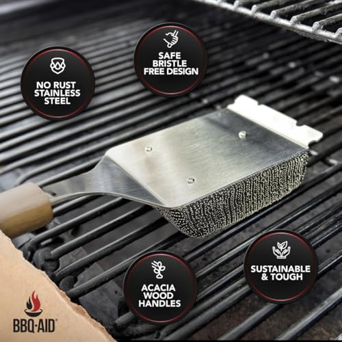 Bristle Free Grill Brush Cleaner and Scraper for Barbecue, Replaceable Head | Bristle-Free Grill Brush with Replaceable Head & Acacia Wood Handle. Heavy-Duty Scraper, No-Scratch BBQ Grate Cleaning. - color: Wood