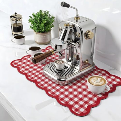 Scalloped Gingham Coffee Mat 12" x 20" Absorbent Coffee Bar Mat Gingham Espresso Matt for Counter(Red) - color: Red
